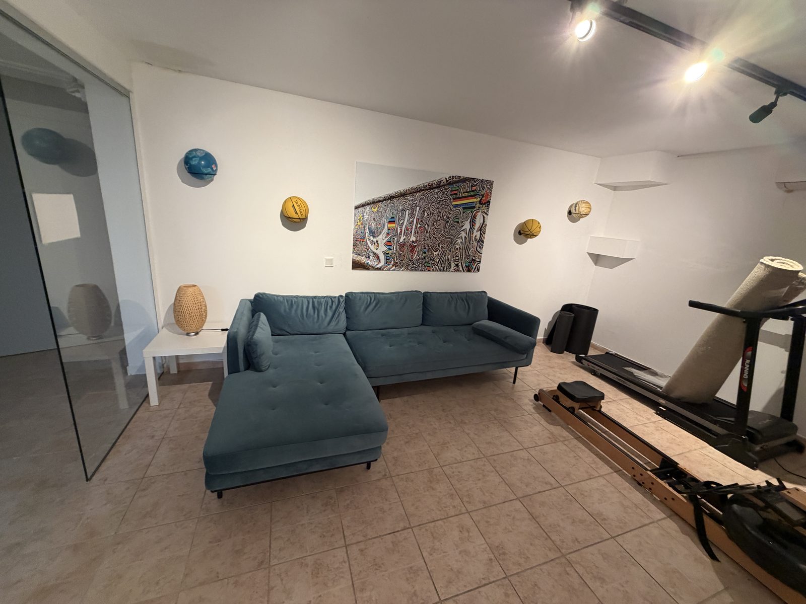 Fitness room with treadmill and rowing machine