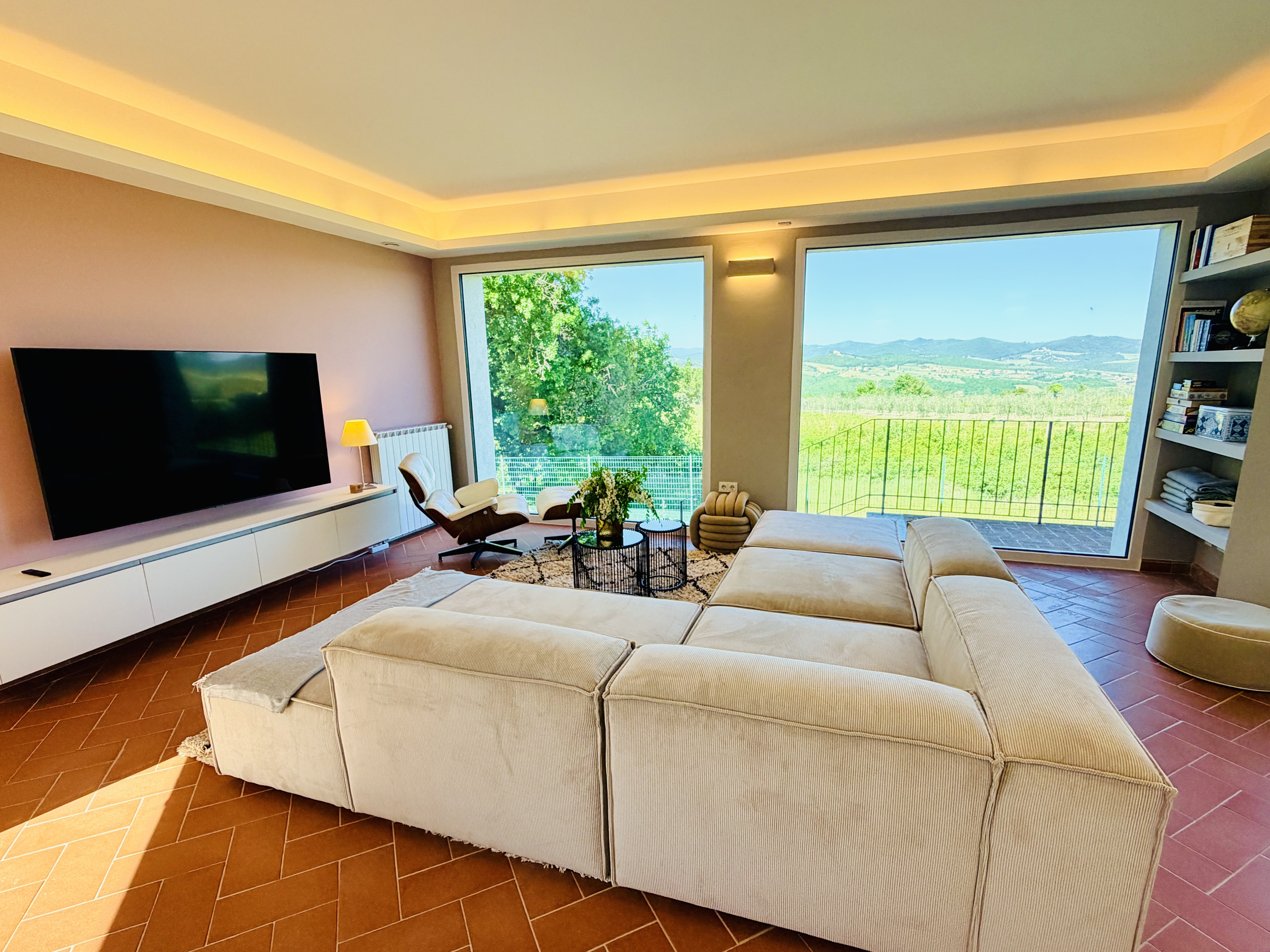 Living room with TV, Eames chair and vineyard view