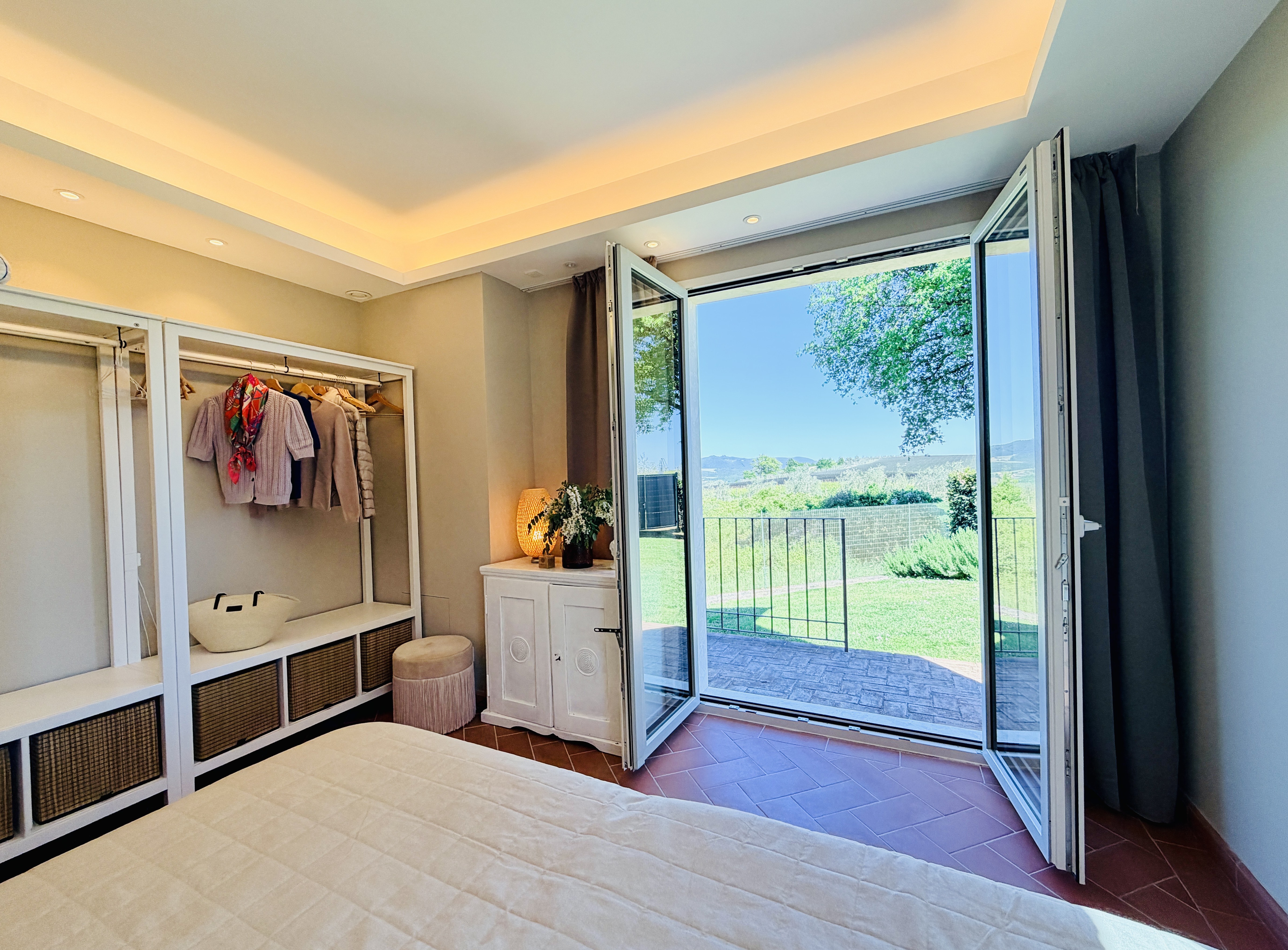 Master Bedroom 2 with open terrace door and Chianti view